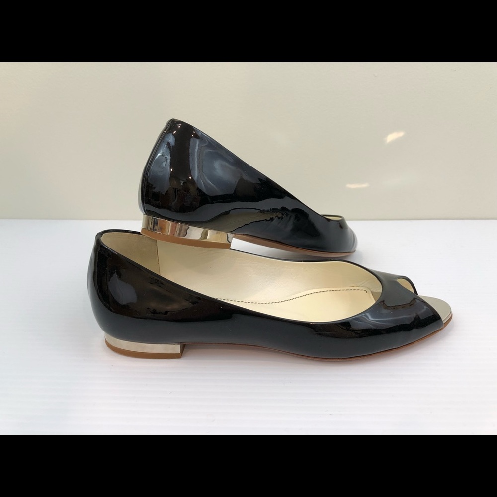 CHANEL Black Patent Leather Peep Toe Flats